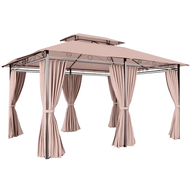 Outsunny 4m x 3(m) Outdoor 2-Tier Steel Frame Gazebo w/ Curtains Outdoor Garden Brown Brown