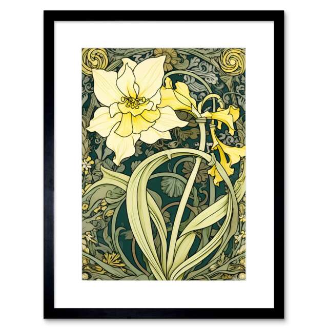 "Yellow Daffodil Flower Watercolour Art Nouveau 9x7"" Black Framed Wall Art Print"