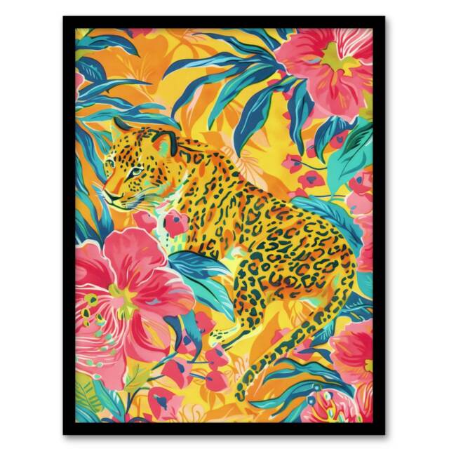 Pink Lily Jungle Vibrant Living Room Leopard Black Framed Wall Art Print A4