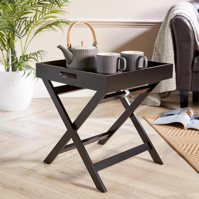 Folding Butlers Side Table Portable Wooden Food Serving Tray Black