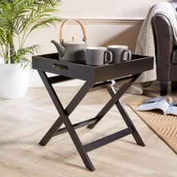 Folding Butlers Side Table Portable Wooden Food Serving Tray Black