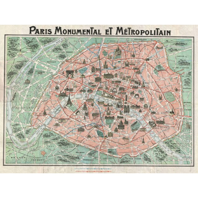 Robelin 1932 French Vintage Paris France Monument Map Large Wall Art Print 18x24 Inch Multi