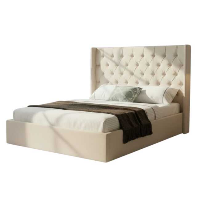 Wrenbury Winged Headboard Fabric Upholstered Ottoman Storage Bed Frame Cream Natural Double