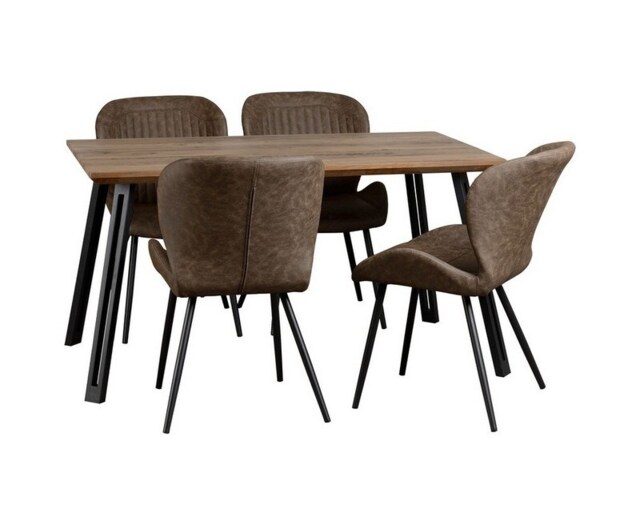 Quebec Straight Edge Dining Set - Medium Oak Effect - Black - Brown Faux Leather Brown 5