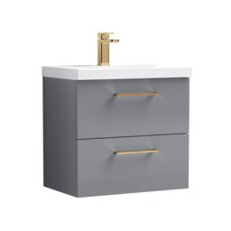 Balterley Wall Hung Bathroom 2 Drawer Vanity Unit and 1 Tap Hole Ceramic Basin, with Handles Grey Satin Grey