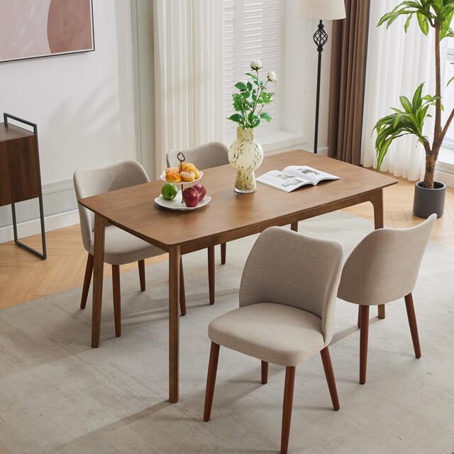 London Boutique 4PCs Upholstered Linen Fabric Dining Chair with Wood Legs (W)47cm (D)51cm (H)78cm - Khaki