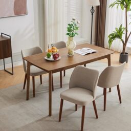 London Boutique 4PCs Upholstered Linen Fabric Dining Chair with Wood Legs (W)47cm (D)51cm (H)78cm - Khaki