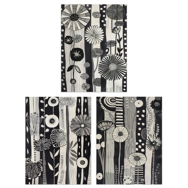 Set of 3 Black White Pattern Folk Art Flowers Living Room 12X16 Inch Wall Art Prints Pack