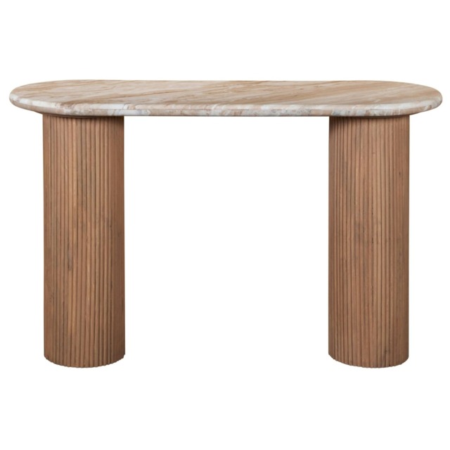 Bundi Natural Marble & Wood Pedestal Console Table Brown