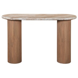 Bundi Natural Marble & Wood Pedestal Console Table Brown