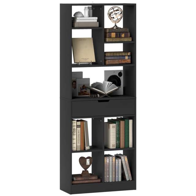HOMCOM Tall Bookshelf with Drawer, Freestanding Bookcase with Open Shelves, Shelving Unit, Display Rack for Bedroom, Living Room, Home Office, Black