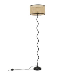 ValueLights Wiggle Black Metal Floor Lamp Wicker Black Trim Shade and Bulb