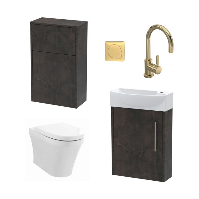 Power Cloakroom Bundle - Left Wall Hung Vanity Unit, Concealed Cistern WC Unit, Toilet & Tap, 440mm - Slate/Brass - Balterley Multi