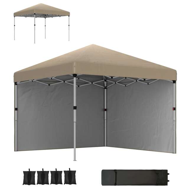 Outsunny 3 x 3 M Pop Up Gazebo, UPF 30 with 2 Sidewalls, Leg Weight Bags and Wheeled Bag, Height Adjustable Party Tent Event Shelter for Garden, Patio Brown Khaki 1