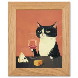 Tuxedo Cat Drinking Wine Cheese Kitchen Art Oak Wood Framed Wall Print