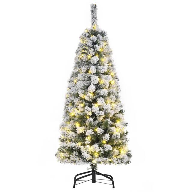 HOMCOM 4FT Prelit Snow Flocked Christmas Tree w/ Light, Xmas Decoration Green Green