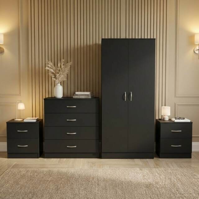 Vida Designs Riano 4 Piece Bedroom Set (2x 2 Drawer Bedside Chest, 4 Drawer Chest, 2 Door Wardrobe) - Black