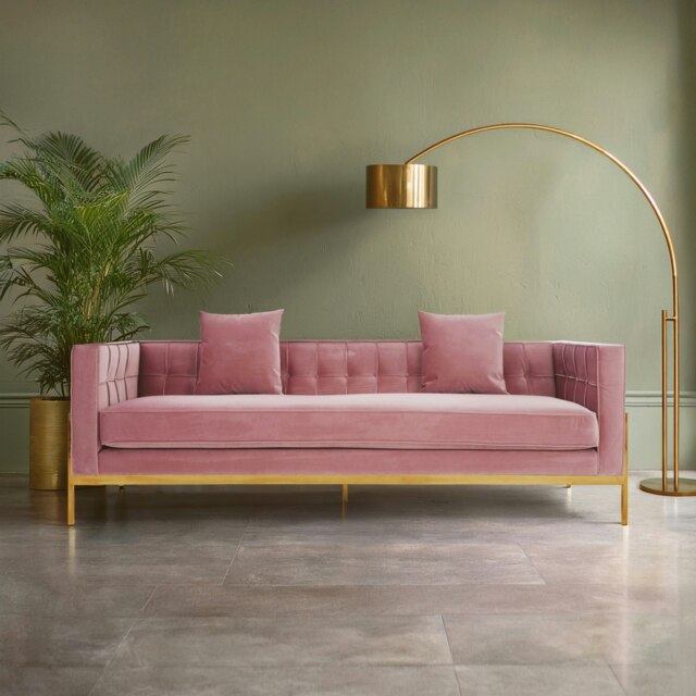 Velvet Upholstered 3 Seat Pink Sofa,Gold Finished Lounge Sofa,Low Profile Tufted Couch,Ideal For Outdoor Use Pink Three Seater