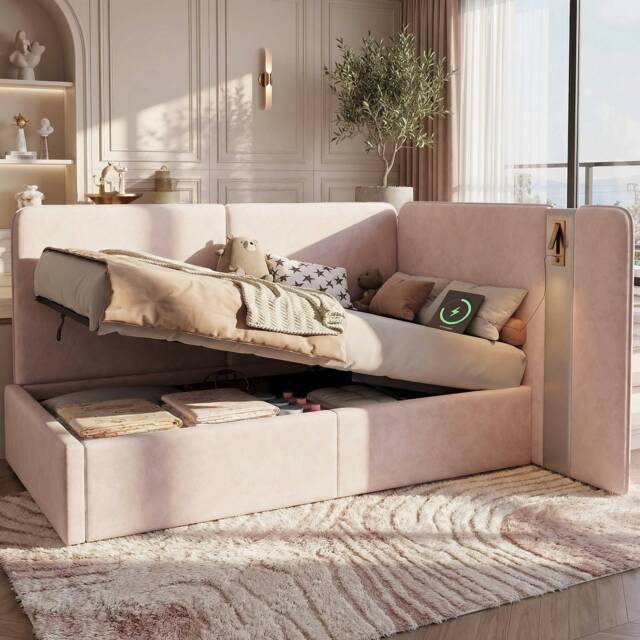 VILUXE Single Daybed, Hydraulic Storage, USB Charging, LED/Reading Light, Velvet, Pink