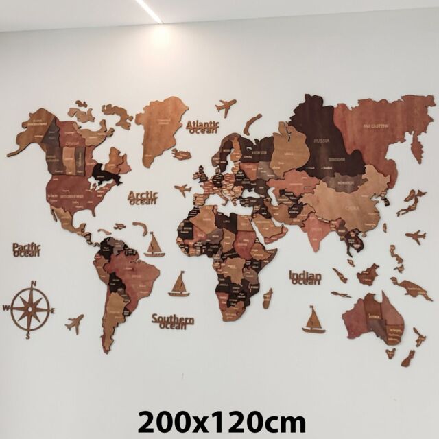 3D Wooden World Map Wall Decor Wall Art Home Office Travel Birthday Decoration