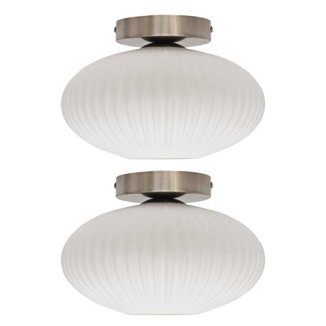 Set of 2 Baton - White Ribbed Oval Glass Satin Nickel Ceiling Lights