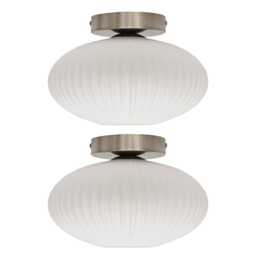 Set of 2 Baton - White Ribbed Oval Glass Satin Nickel Ceiling Lights