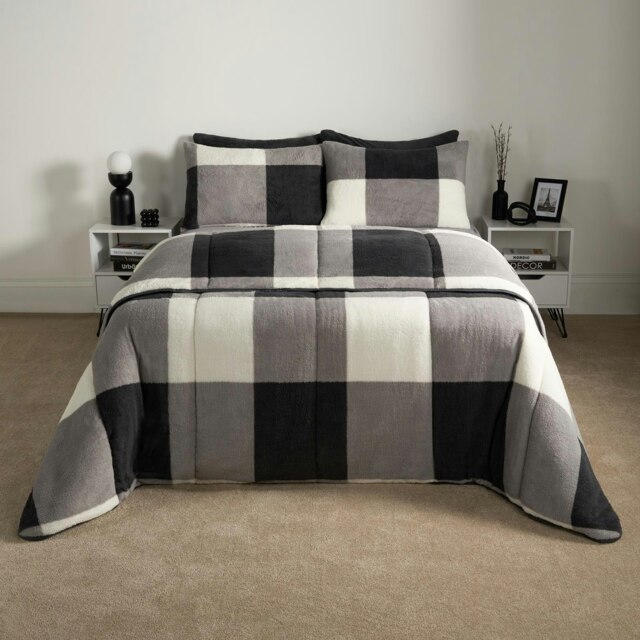 OHS Coverless Reversible Gingham Soft Teddy 10.5 Tog Duvet And Pillowcase Bedding Set, King - Grey
