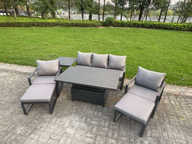 Fimous 7-Piece Aluminium Garden Furniture Sets 7 Seater Outdoor Sofa Set with Adjustable Rising Lifting Dining Table 2 Chairs 2 Big Footstools Side Table
