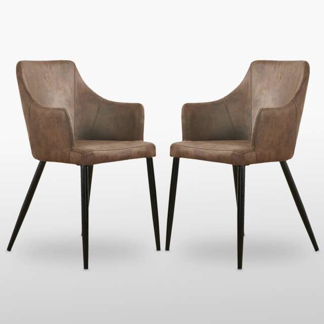 Set of 2 Zarah Modern Faux Leather Dining Chairs with Armrests and Black Metal Legs, Comfortable Accent Chair Brown Brown