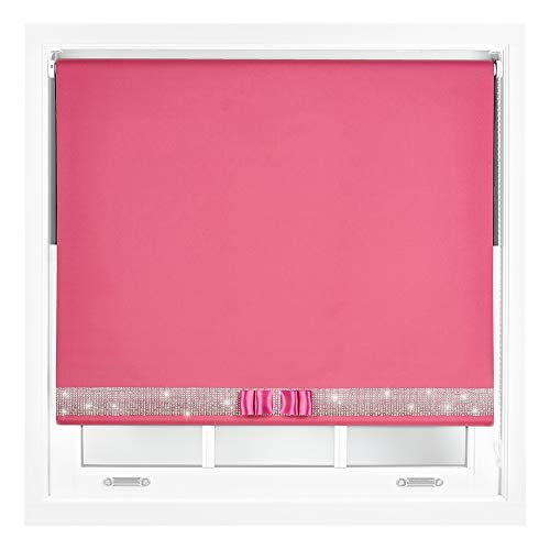FURNISHED Blackout Roller Blinds with Diamante Trim and Bow Cut to Size Pink Fuchsia (W) 90cm x (L) 165cm
