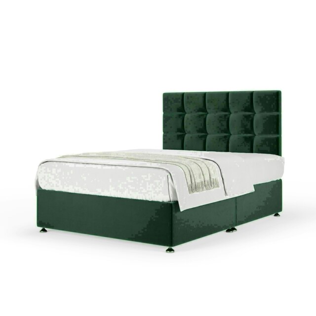 Emerald Green Plush Velvet No Drawer Divan Base and Pearl Headboard Small Double