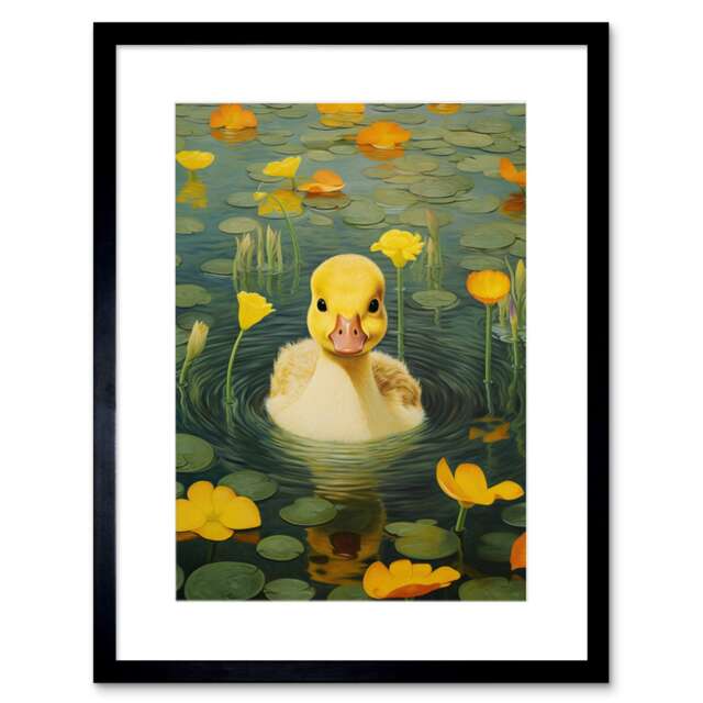 "Whirlpool Duckling Lily Pads Flowers Nursery 9x7"" Black Framed Wall Art Print"