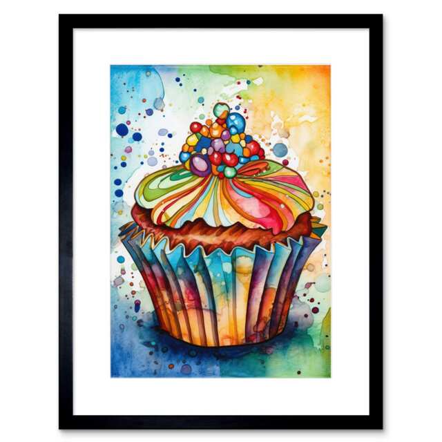 "Cupcake Sprinkles Vibrant Watercolour Kitchen 9x7"" Black Framed Wall Art Print"