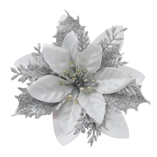 Living and Home 24 Pcs Artificial Poinsettia Flowers Christmas Tree Ornament Set- Silver