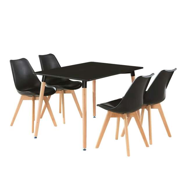 5PCs Dining Set - a Black Halo Dining Table & Set of 4 Lorenzo Tulip Chairs with Padded Seat Black
