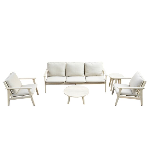 Direct Wicker 5-Piece Wooden Outdoor Three-seater Sofa Set, Naturally Sanded Garden Conversation Furniture