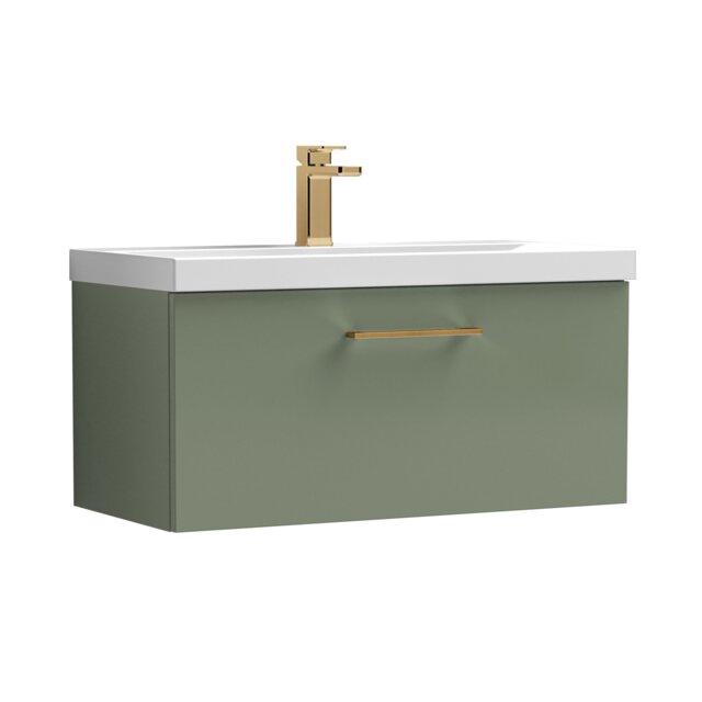 Balterley Wall Hung Bathroom 1 Drawer Vanity Unit and 1 Tap Hole Ceramic Basin, with Handle Green Satin Green