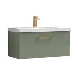 Balterley Wall Hung Bathroom 1 Drawer Vanity Unit and 1 Tap Hole Ceramic Basin, with Handle Green Satin Green