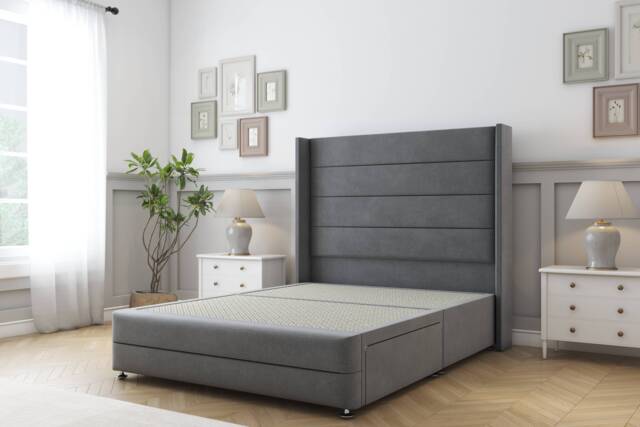 Sloomy Sterling Armour Coniston Divan Bed Base 2 Drawers Foot-End With 54 Inch Wingback Headboard & 12 Inch Matching Footboard Grey Armour King 1