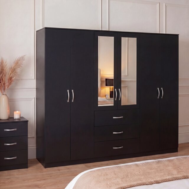 Vida Designs Riano 6 Door 3 Drawer XX-Large Mirrored Wardrobe, Black