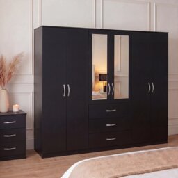 Vida Designs Riano 6 Door 3 Drawer XX-Large Mirrored Wardrobe, Black