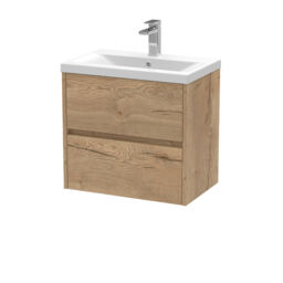 Balterley Edge Square Wall Hung 2 Drawer Vanity Unit & Ceramic Basin - Woodgrain Autumn Oak - Balterley Brown Autumn Oak