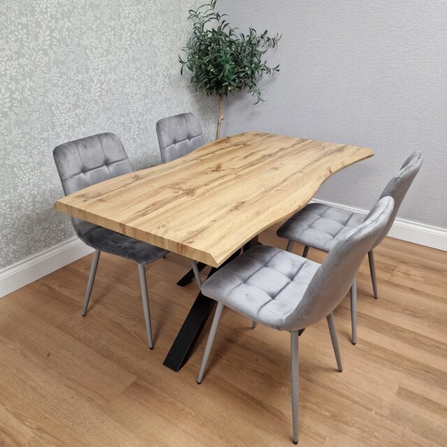 Wooden Dining Table with 4 Grey Velvet Chairs, Stylish Dining Room Furniture