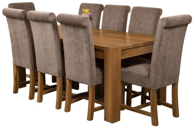 Kuba 180 x 90 cm Chunky Oak Dining Table and 8 Washington Fabric Chairs Grey Grey