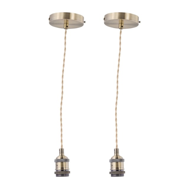 Set of 2 Flex - Antique Brass Pendant Kits with Cream Braided Cable Yellow 2