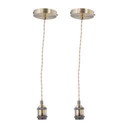 Set of 2 Flex - Antique Brass Pendant Kits with Cream Braided Cable Yellow 2