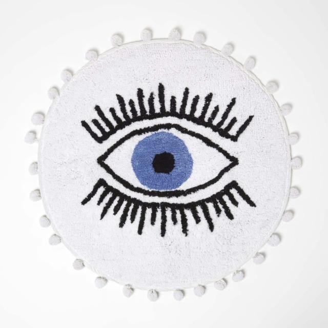 Homescapes Eye See You Natural Cotton Bath Mat with Pom Pom Edges Blue