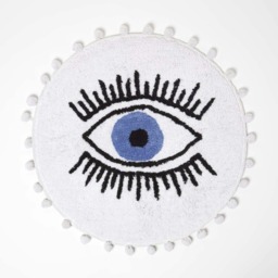 Homescapes Eye See You Natural Cotton Bath Mat with Pom Pom Edges Blue
