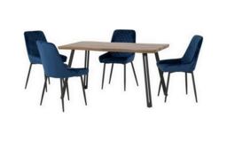 Quebec Wave Edge Dining Set with Avery Chairs - Medium Oak Effect - Black - Sapphire Blue Velvet Blue Sapphire Blue 5