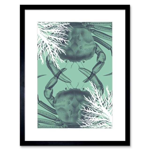"Crab And Coral Collage Teal Green Sea Life Bathroom 9x7"" Black Framed Wall Art Print"